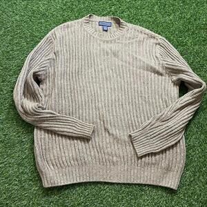 Vintage Savile Row Knit Grandpa Ramie Cotton Cree Neck Sweater Tan Size L
